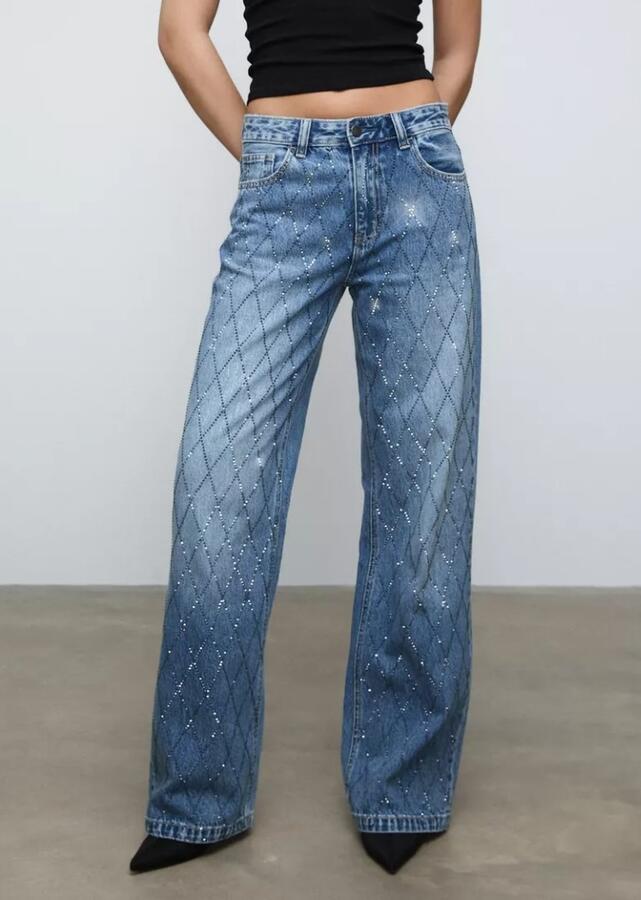 Jeans palazzo con strass a rombo taglie dalla S alla XL