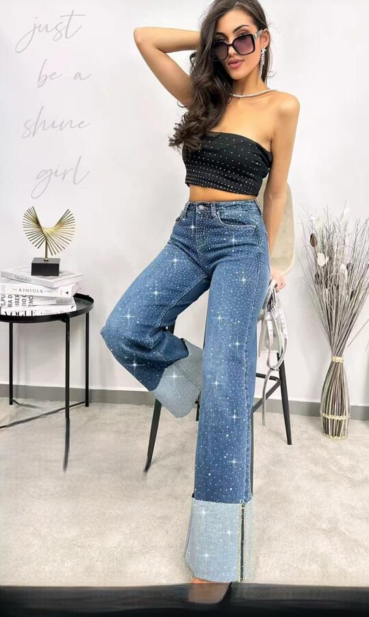Jeans con piegone alto con strass taglie dalla S alla XL