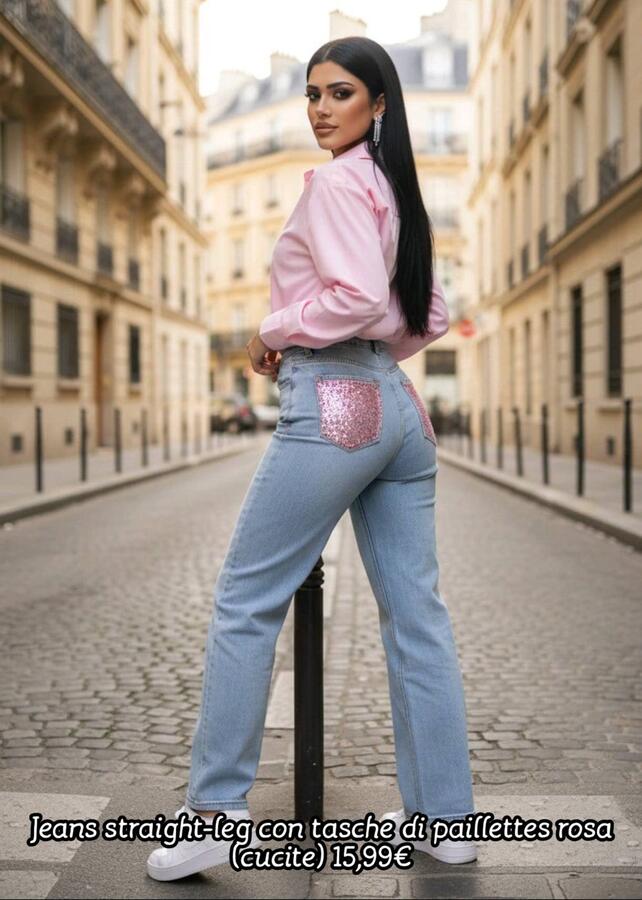 Jeans palazzo straight-leg con tasche di paillettes rosa taglie dalla XS alla XL