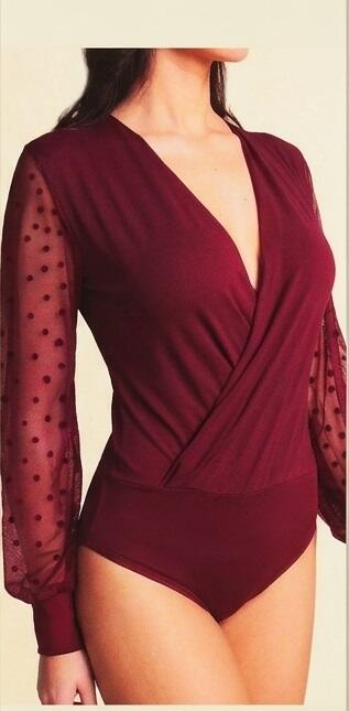 6-0043 Body incrociato in maglina tecnica elastica con maniche lunghe in tulle o maglina