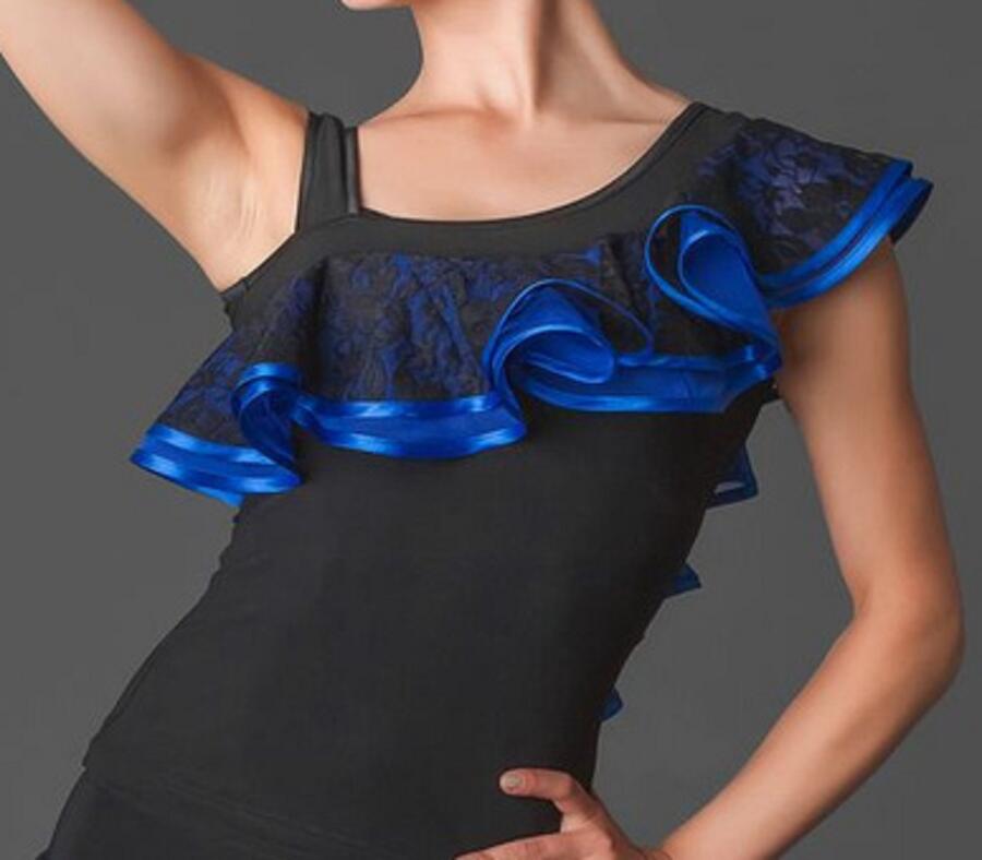 U334 MAGLIA da ballo con inserti in pizzo tulle e volant a spirale bordinati in raso