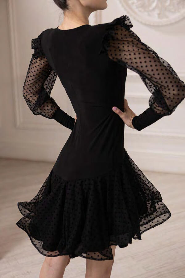 Short front and longer back ball gown with sleeves and polka dot embroidered tulle skirt U654