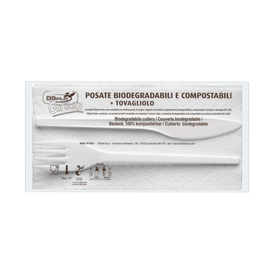 SET Posate Biodegradabili in Estabio + Tovagliolo 2 Veli linea Green DOPLA - conf. 100 pz