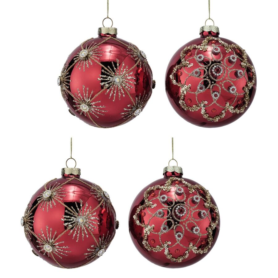 Fantin Collezione 4 Addobbi Palle in Vetro con Strass Oro, Ø10 cm — Red, Green o Gold