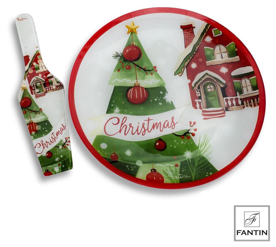 Fantin - Set Piatto Panettone e Pala Torta Natalizio in Vetro, Ø30cm, 3 Fantasie