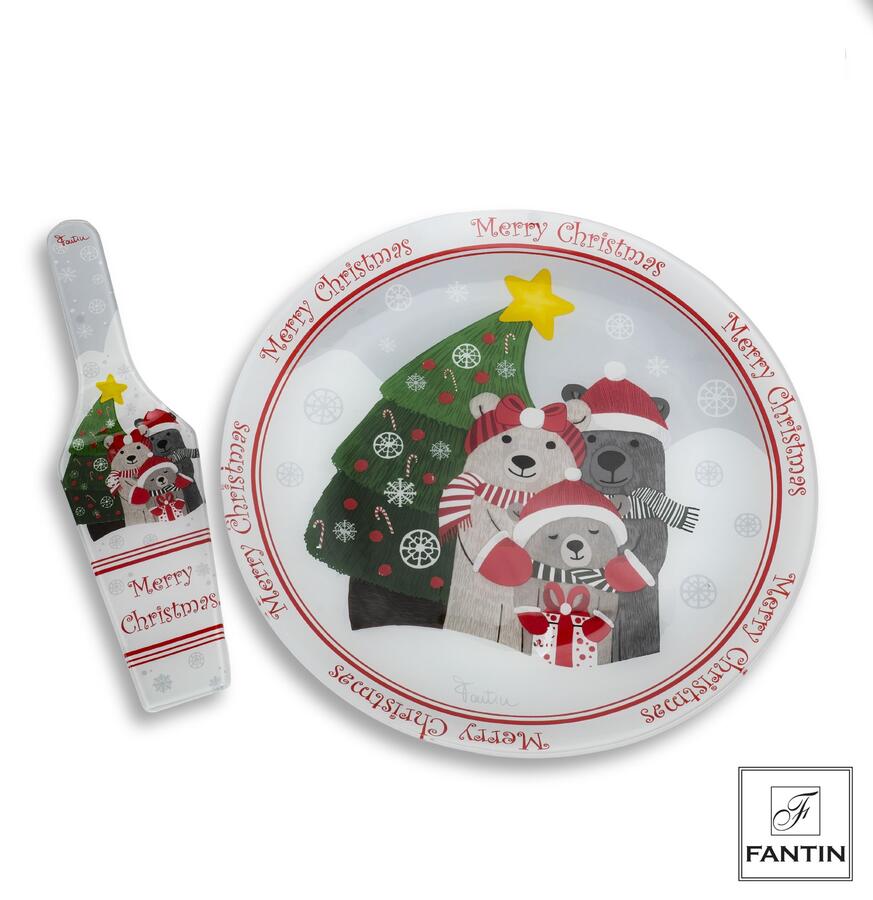 Fantin - Set Piatto Panettone e Pala Torta Natalizio in Vetro, Ø30cm, 3 Fantasie