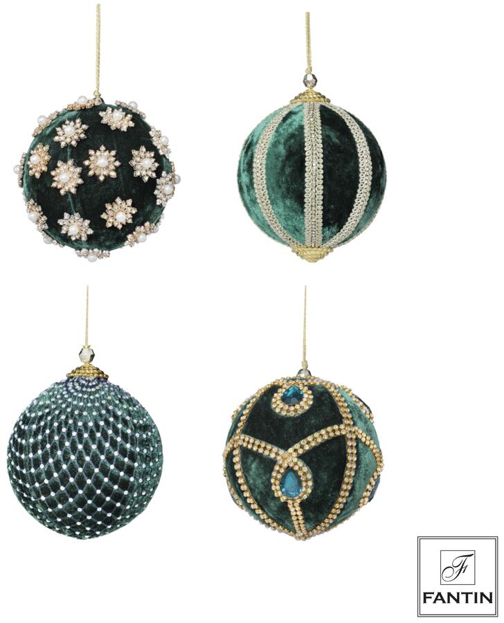 Fantin Collezione 4 Addobbi Palline Mix Green in Velluto e Strass — 3 Misure Assortite