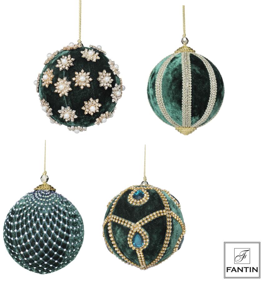 Fantin Collezione 4 Addobbi Palline Mix Green in Velluto e Strass — 3 Misure Assortite