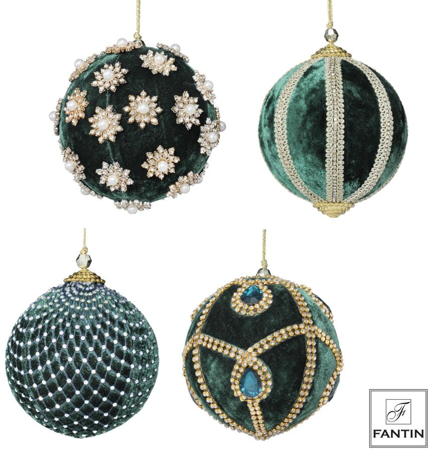 Fantin Collezione 4 Addobbi Palline Mix Green in Velluto e Strass — 3 Misure Assortite