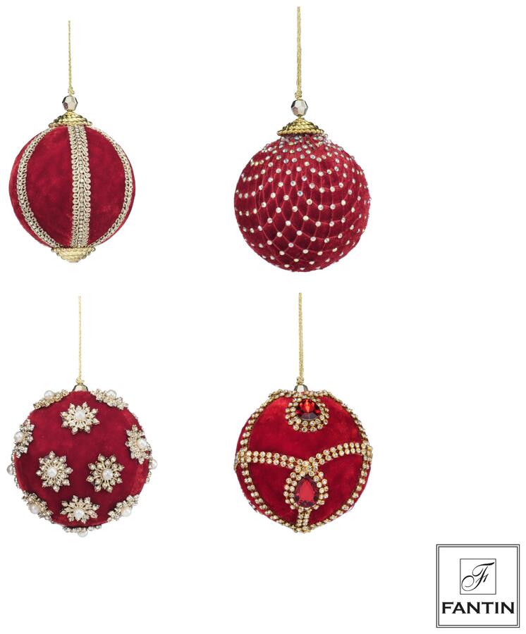 Fantin Collezione 4 Addobbi Palline Mix Red in Velluto e Strass — 3 Misure Assortite