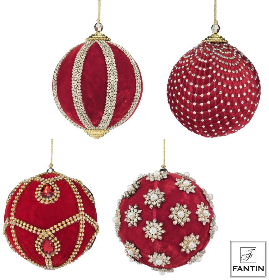 Fantin Collezione 4 Addobbi Palline Mix Red in Velluto e Strass — 3 Misure Assortite