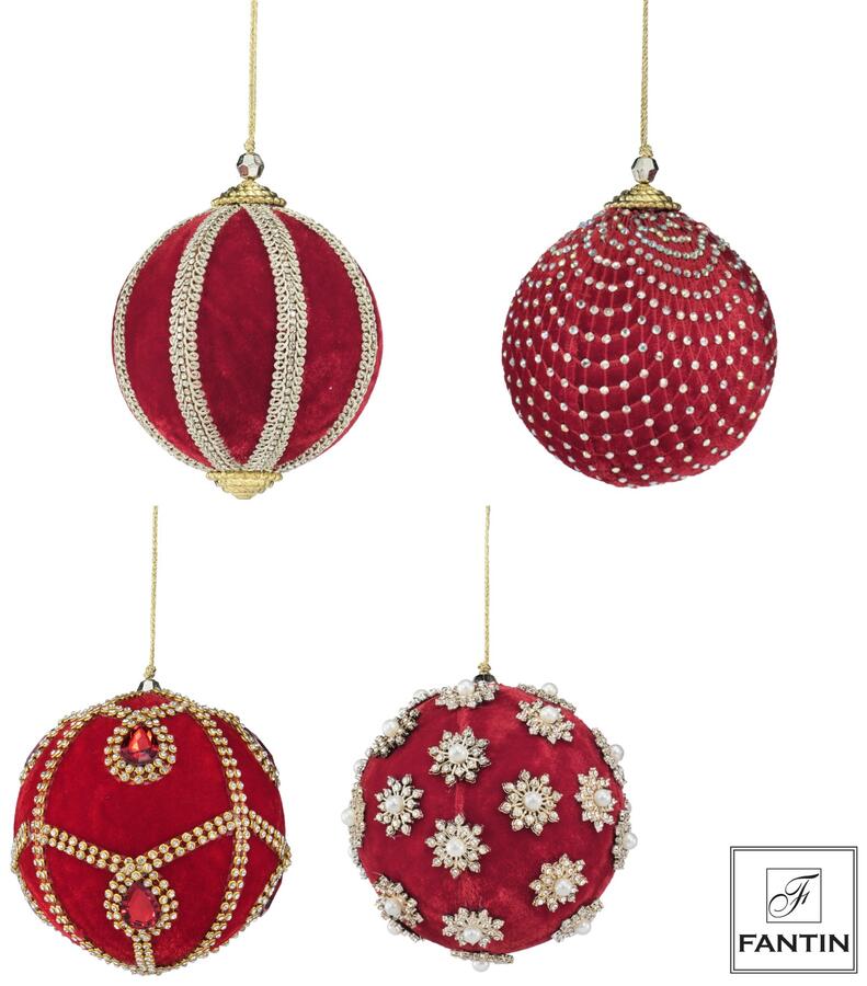 Fantin Collezione 4 Addobbi Palline Mix Red in Velluto e Strass — 3 Misure Assortite