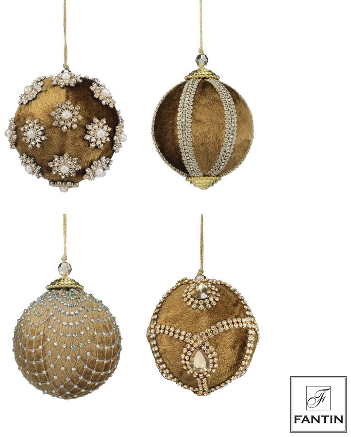 Fantin Collezione 4 Addobbi Palline Mix Gold in Velluto e Strass — 3 Misure Assortite