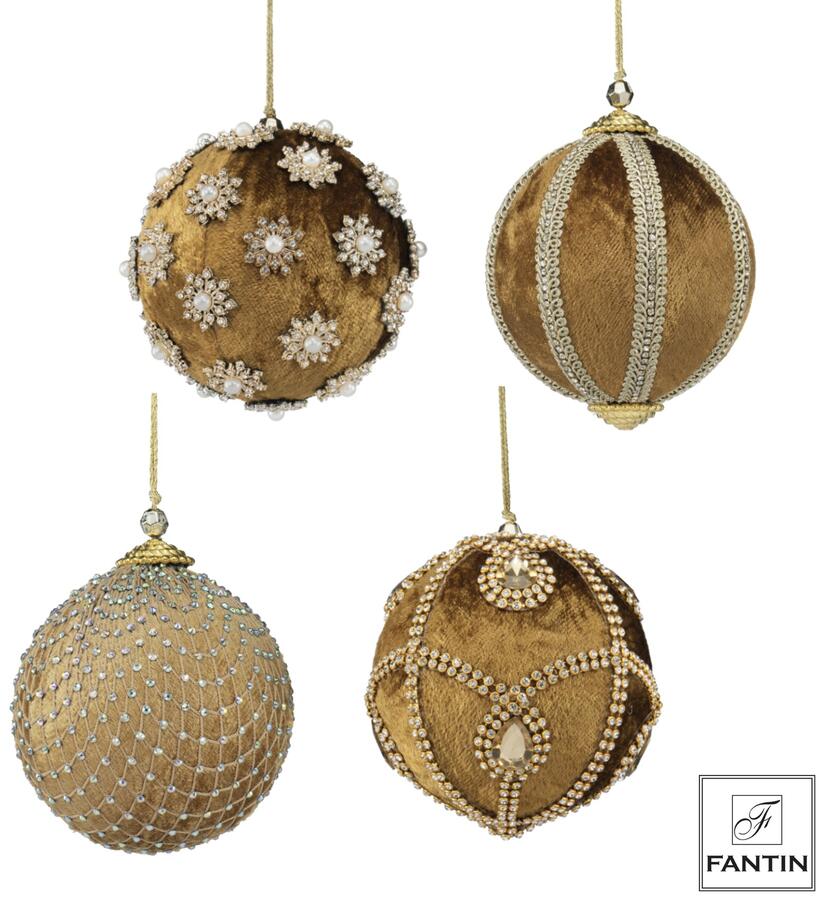 Fantin Collezione 4 Addobbi Palline Mix Gold in Velluto e Strass — 3 Misure Assortite