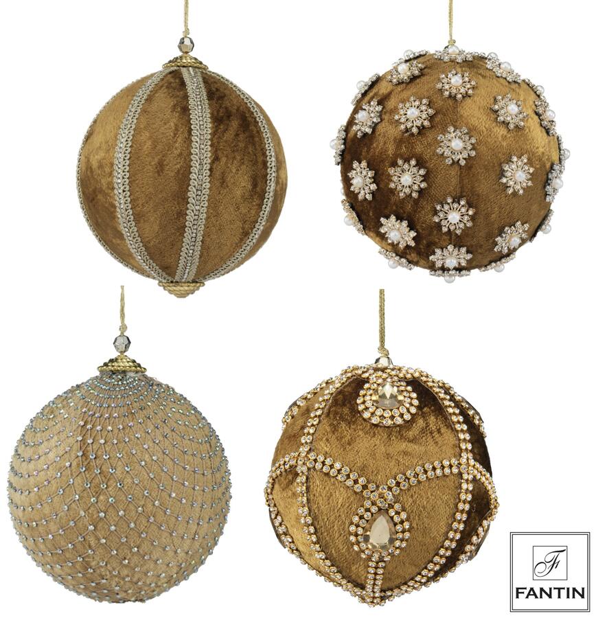 Fantin Collezione 4 Addobbi Palline Mix Gold in Velluto e Strass — 3 Misure Assortite