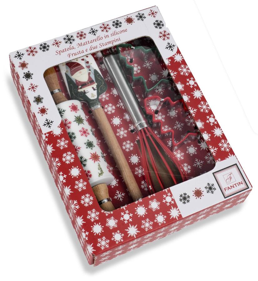 Fantin Box 4 Set Natalizio — Spatola, Mattarello, Frusta e 2 Stampini Biscotti, 2 Decori Assortiti