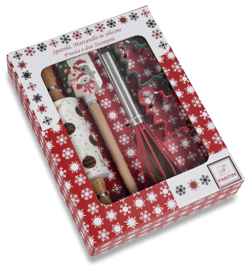 Fantin Box 4 Set Natalizio — Spatola, Mattarello, Frusta e 2 Stampini Biscotti, 2 Decori Assortiti