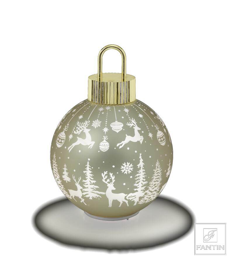 Fantin Argenti Pallina di Natale Oro in Vetro con LED e Movimento, Decoro Renne e Alberi Bianco
