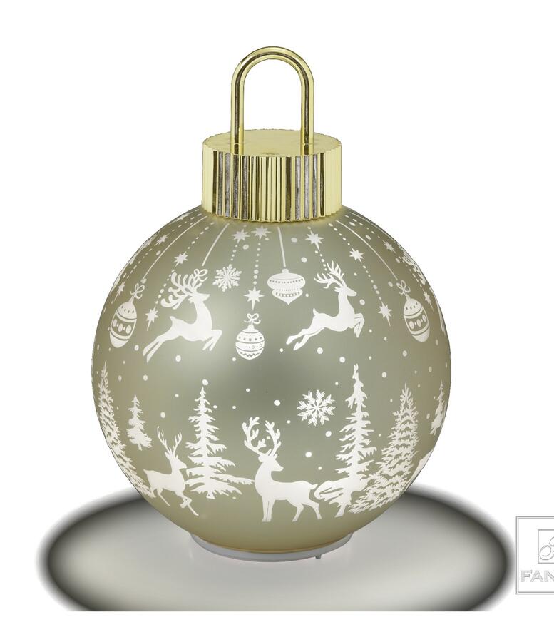 Fantin Argenti Pallina di Natale Oro in Vetro con LED e Movimento, Decoro Renne e Alberi Bianco