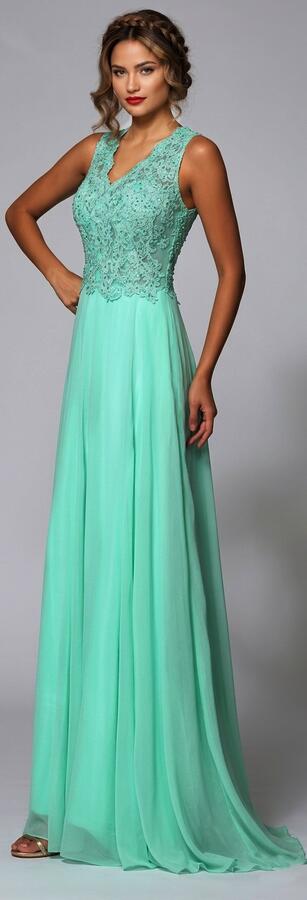 0341 ABITO A IMPERO IN CHIFFON VERDE MENTA CON PIZZO NEL SENO