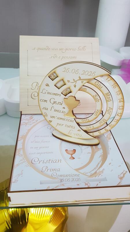 Bomboniera Calendario perpetuo 18cm legno scatola legno calice plexi