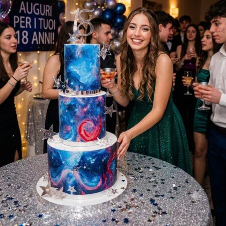 Torta Scenografica Galassia a 3 Piani (H 65 cm) con Topper e Stelle in Plexiglass Argento